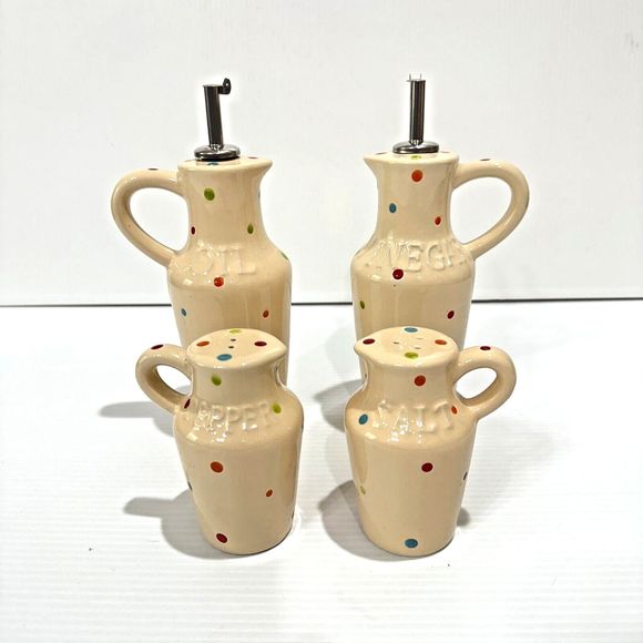 Temp-tations Temptations By Tara Polka Dot 5 pc Condiment Set Oil Vinegar Salt - Picture 2 of 15